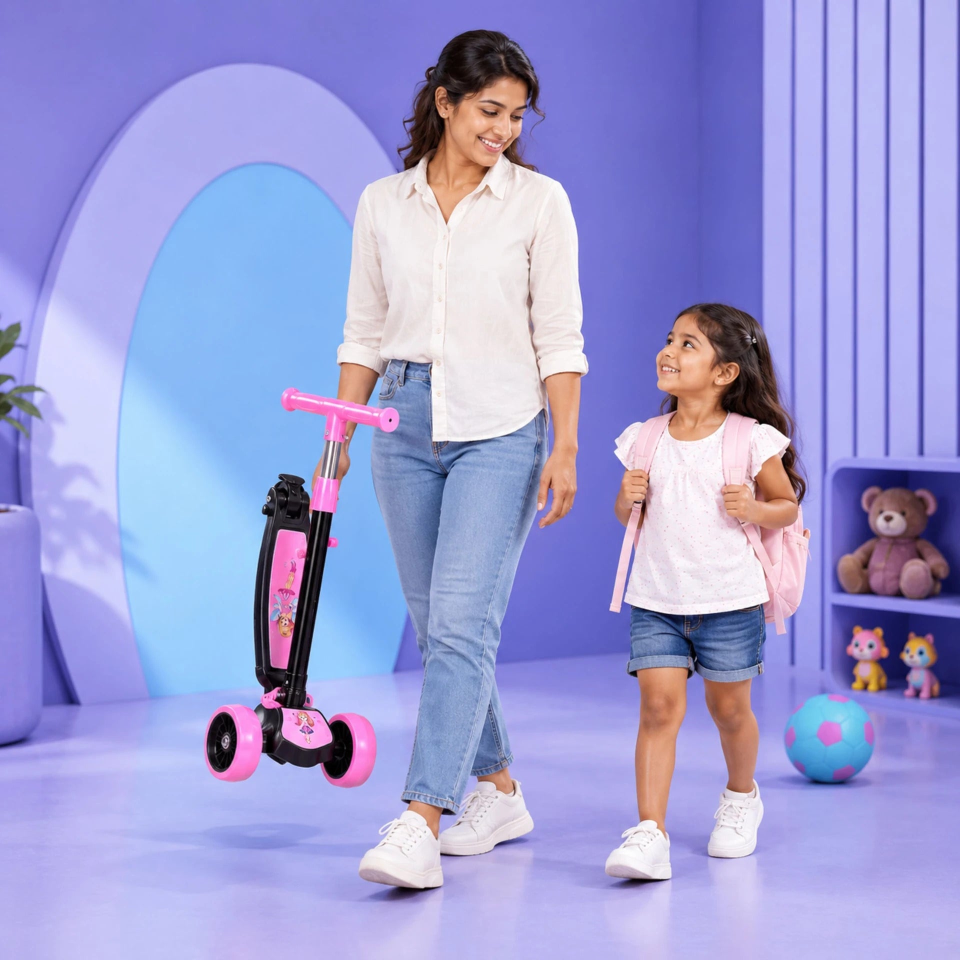 SHIVRUDRA Kids 3-Wheel Kick Scooter | Adjustable Height | Foldable BABY Scooter for 75Kg Kids Scooter (Pink, Pack of 1)