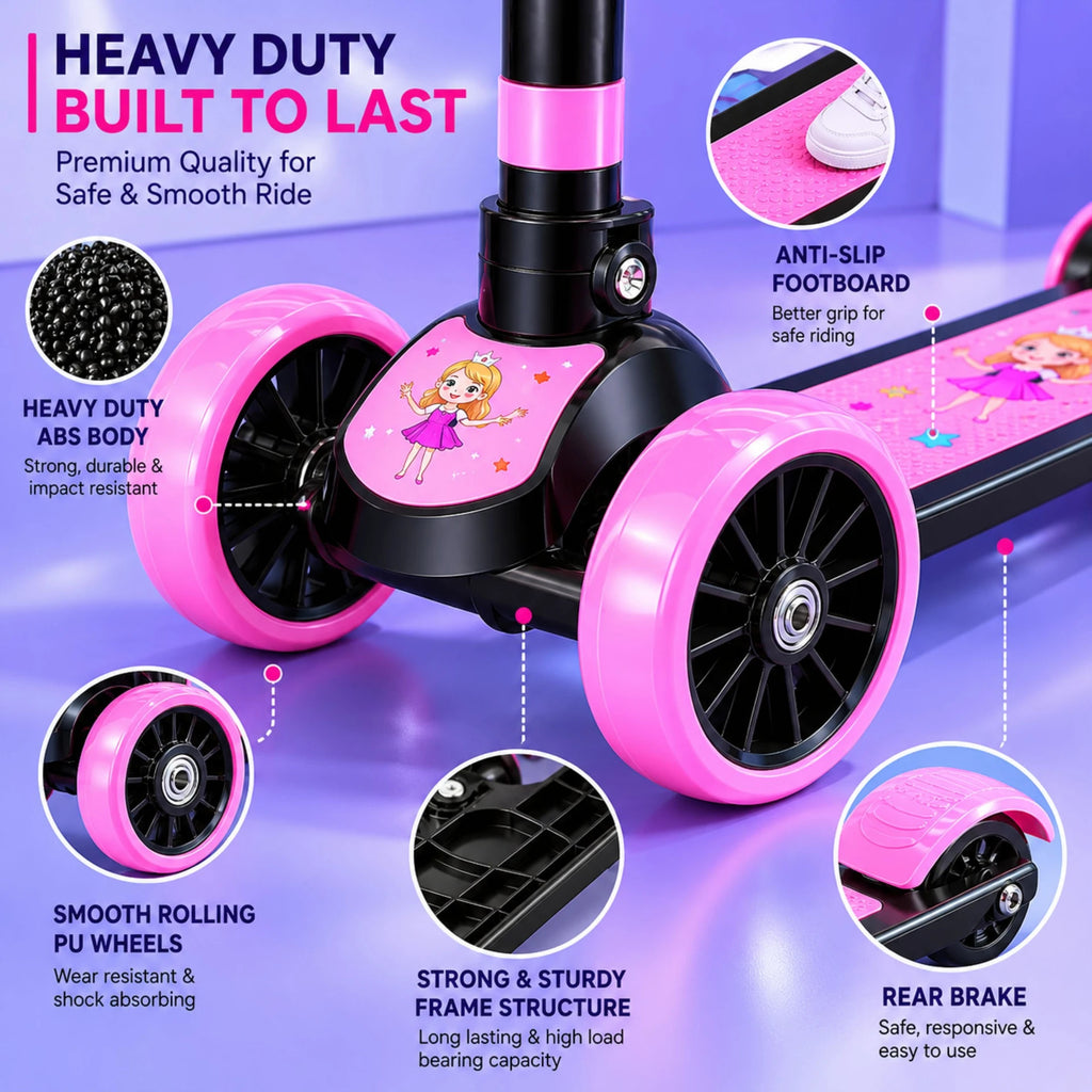 SHIVRUDRA Kids 3-Wheel Kick Scooter | Adjustable Height | Foldable BABY Scooter for 75Kg Kids Scooter (Pink, Pack of 1)