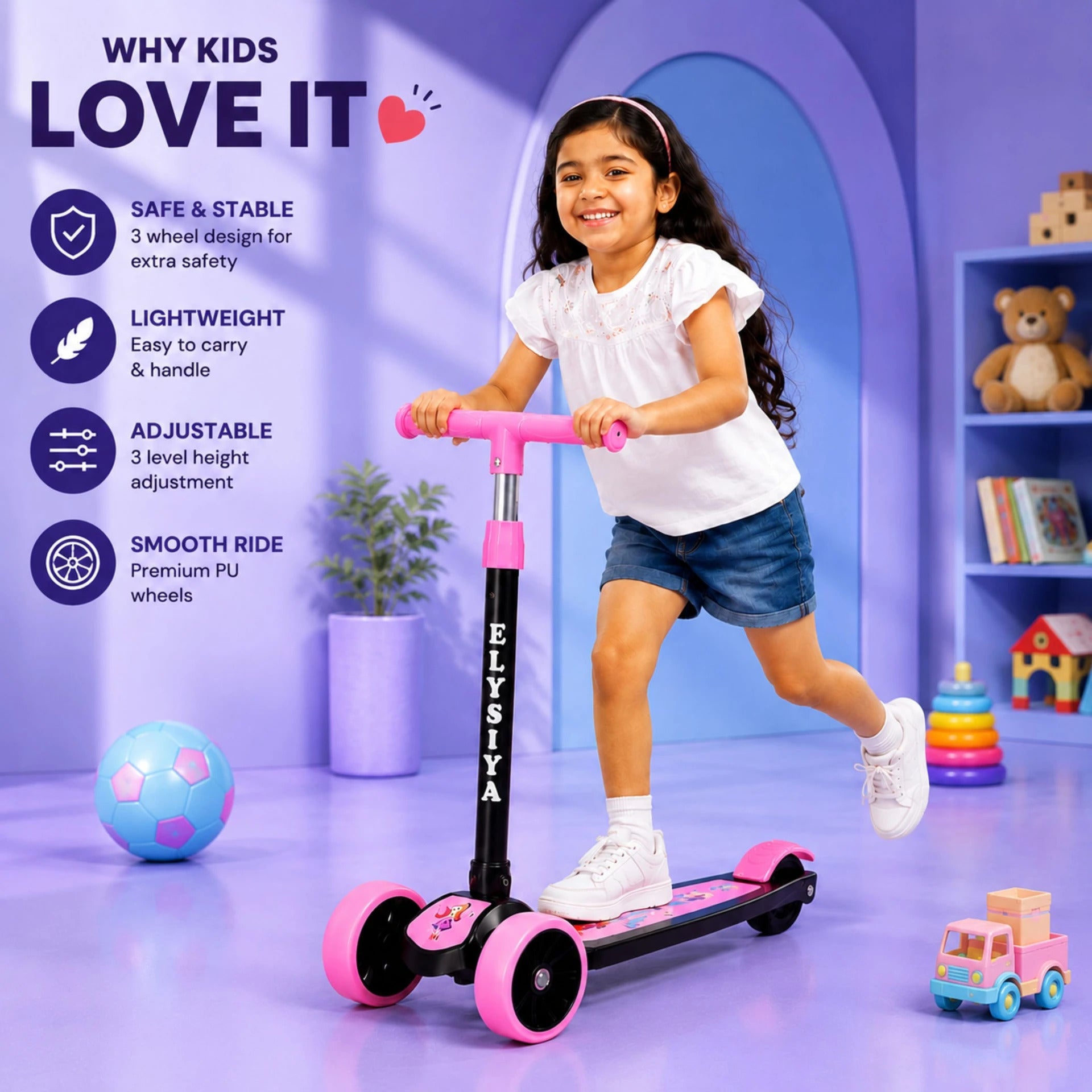SHIVRUDRA Kids 3-Wheel Kick Scooter | Adjustable Height | Foldable BABY Scooter for 75Kg Kids Scooter (Black, Pack of 1)
