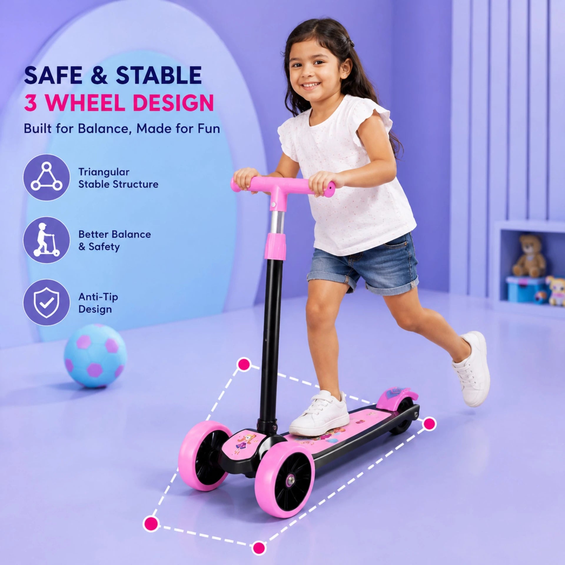 SHIVRUDRA Kids 3-Wheel Kick Scooter | Adjustable Height | Foldable BABY Scooter for 75Kg Kids Scooter (Pink, Pack of 1)