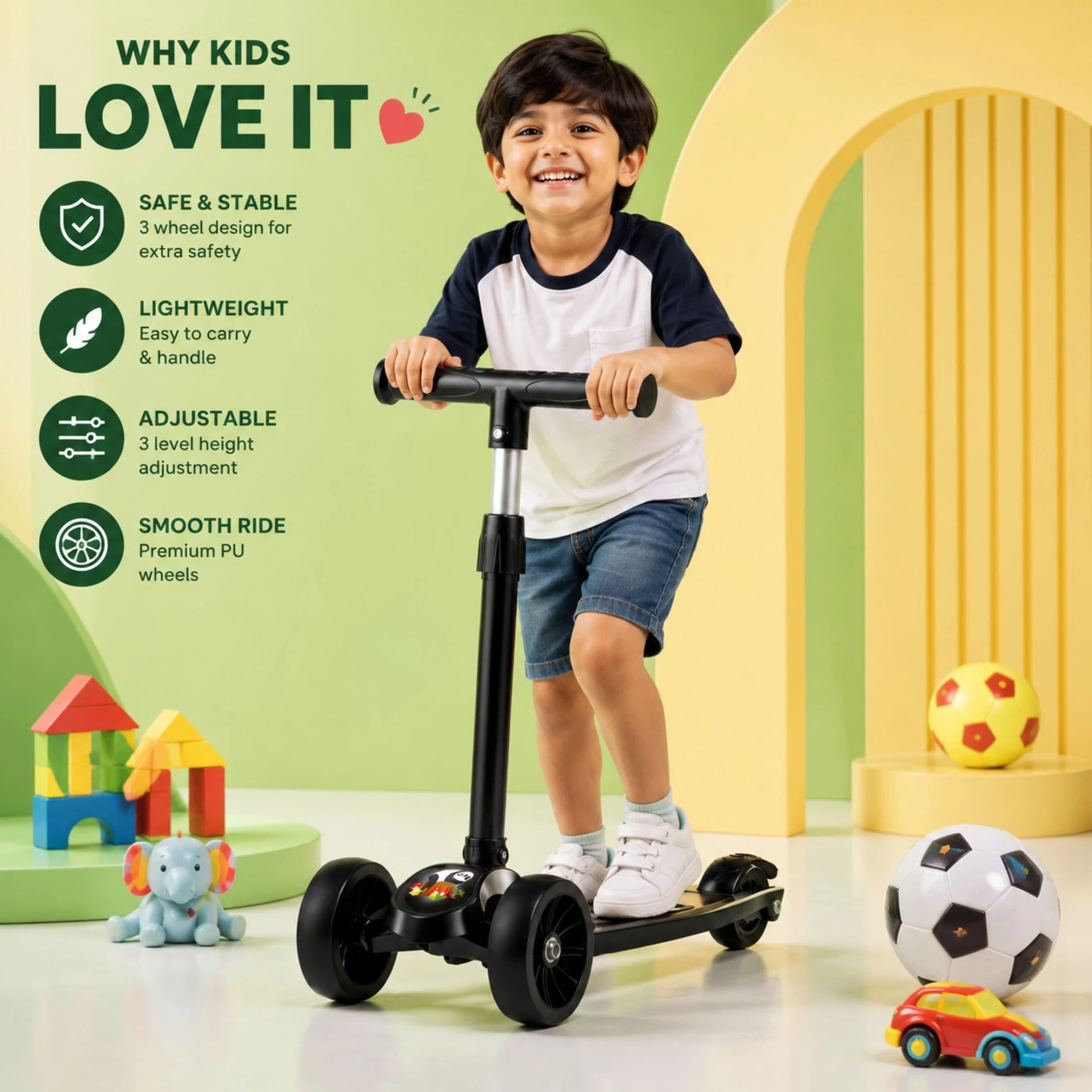 SHIVRUDRA Kids 3-Wheel Kick Scooter | Adjustable Height | Foldable BABY Scooter for 75Kg Kids Scooter (Black, Pack of 1)