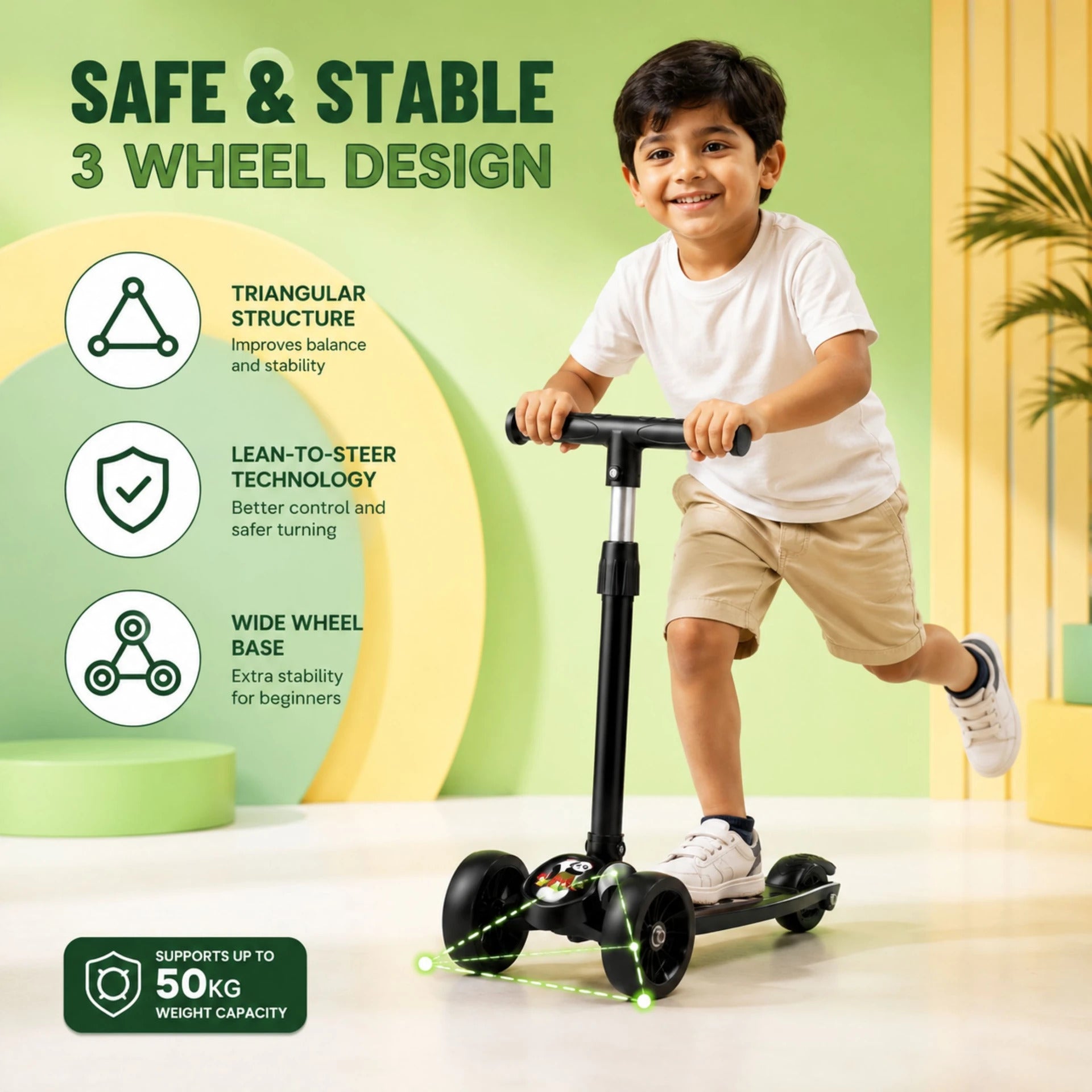 SHIVRUDRA Kids 3-Wheel Kick Scooter | Adjustable Height | Foldable BABY Scooter for 75Kg Kids Scooter (Black, Pack of 1)