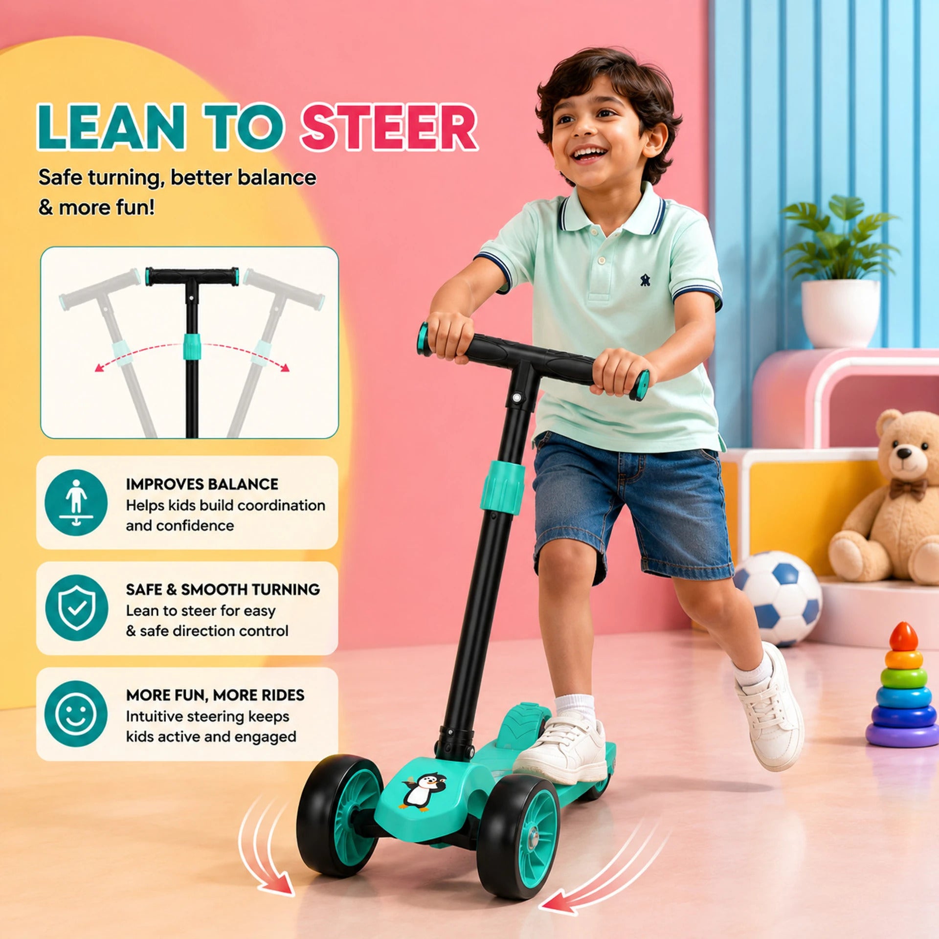 SHIVRUDRA Kids 3-Wheel Kick Scooter | Adjustable Height | Foldable BABY Scooter for 75Kg Kids Scooter (MINT, Pack of 1)